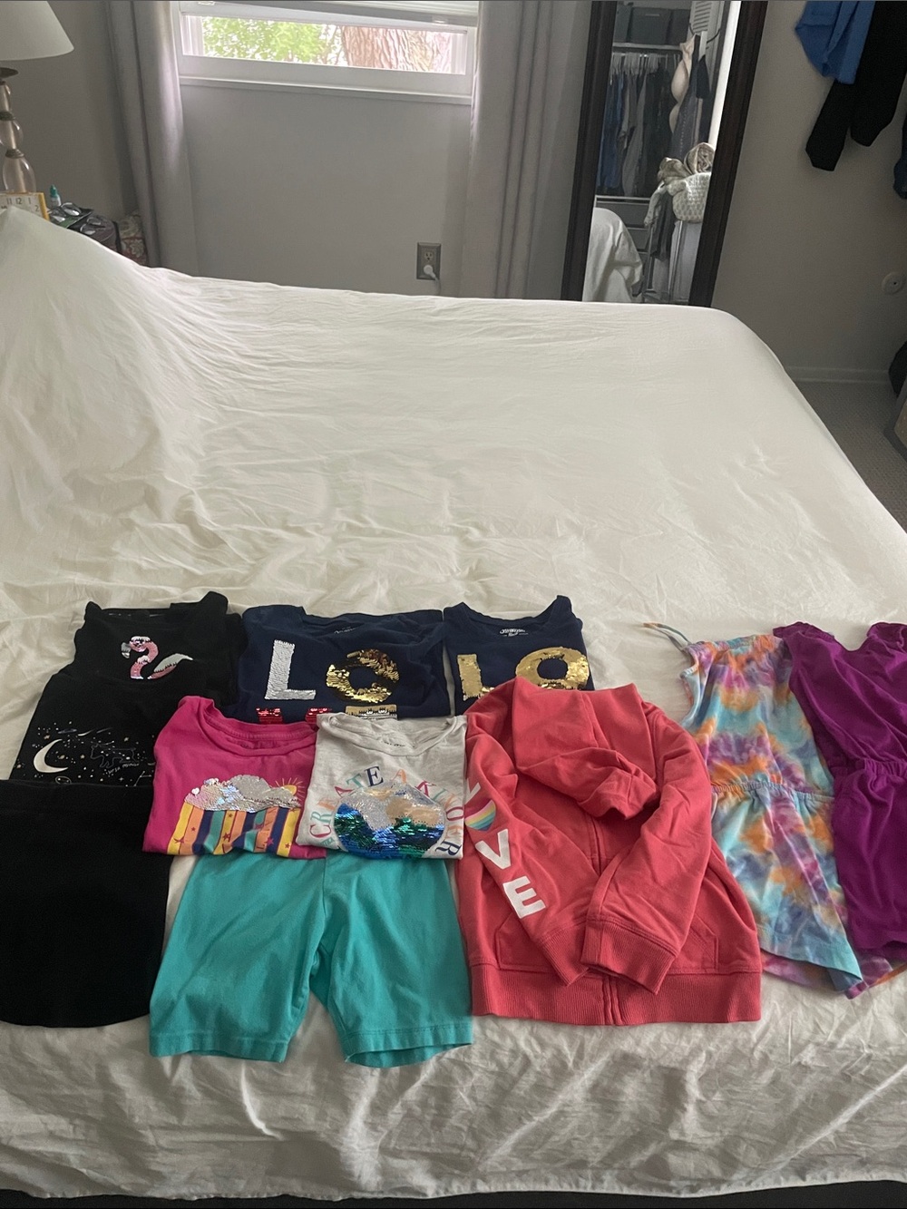 Bundle of Girls Summer Clothes size 5-6, Tees, Rompers, Shorts, Hoodie.
